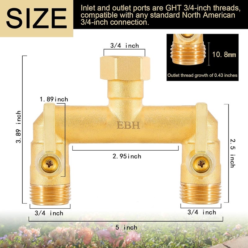 EBH Garden Hose Splitter, Full Flow Outdoor Faucet Splitter, 2-Way High Flow Brass Heavy Duty Hose Splitter with Long Metal Handle。 - Image 2